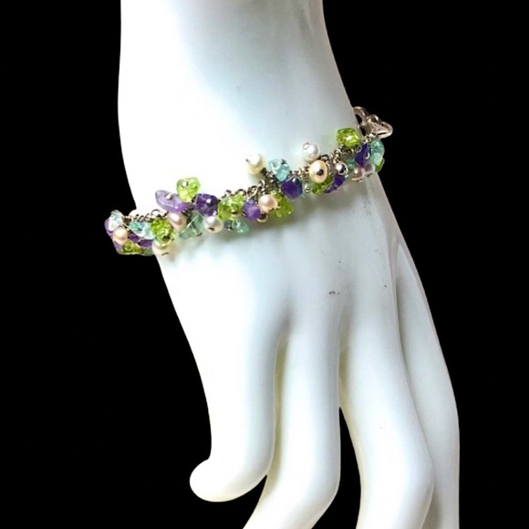 STERLING SILVER Cha Cha Gem Bracelet w/ Heart Charm Peridot Topaz Amethyst Pearl - Picture 9 of 12